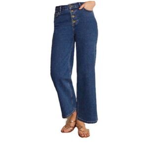 Boden Button Fly Wide Leg Jeans Size 14 Mid Vintage Denim Stretch Mom High Rise